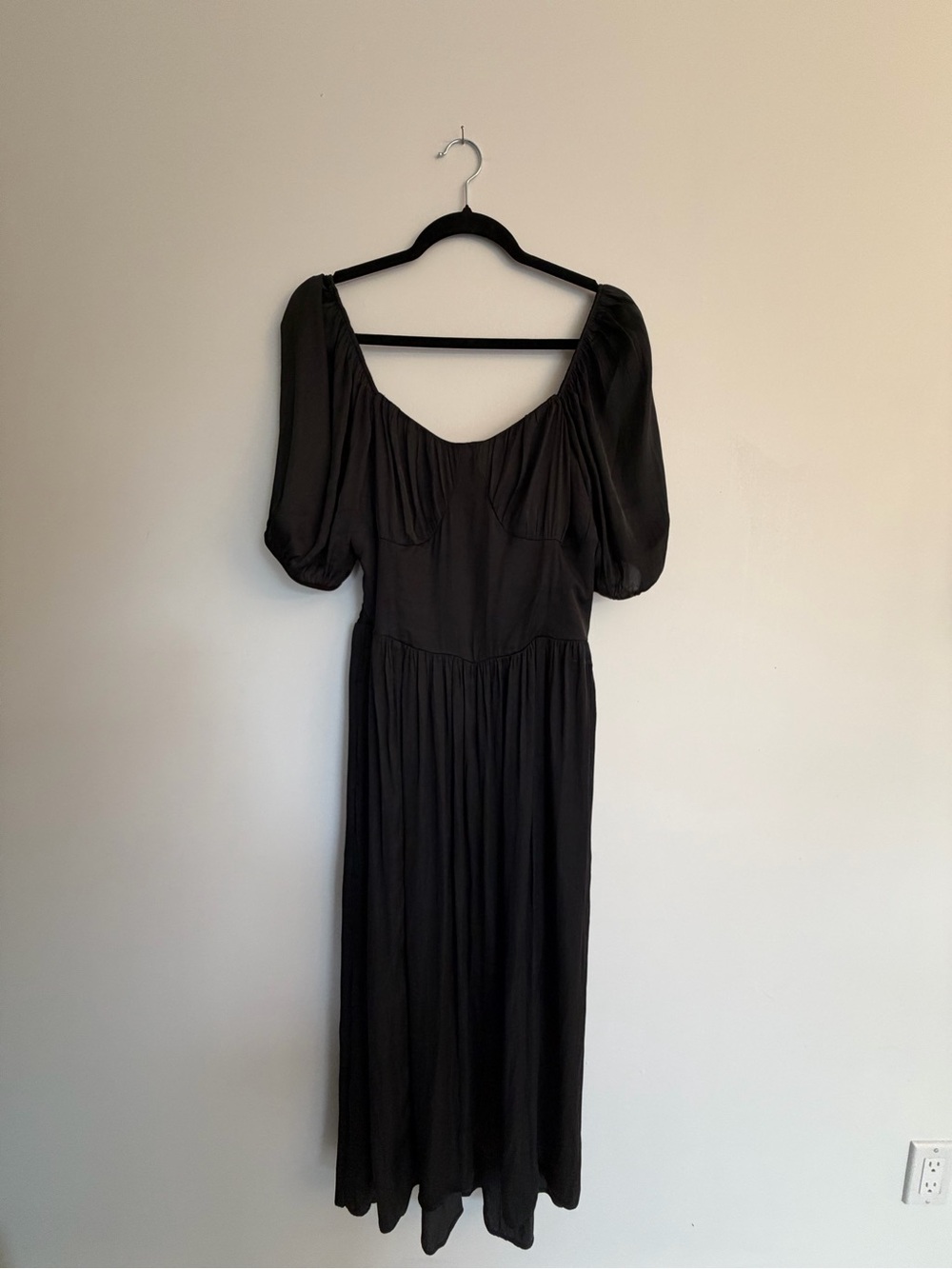 American Eagle Black Puff Sleeve Open Back Midi Dress NWT L - Picture 2 of 10